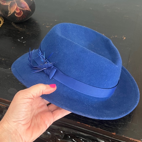 Vintage Lancaster Royal Blue Wool Fedora Hat Feather Accent Made USA Size M - Picture 6 of 12